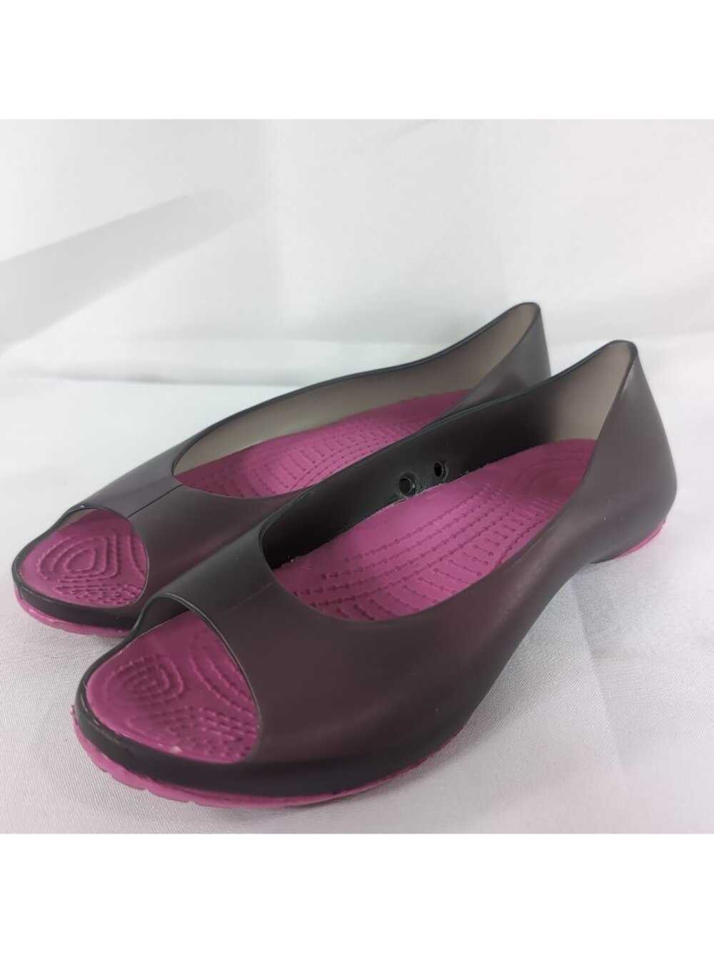 Crocs Carlie Pink Black Women's 8 39 Open Peep Toe Ballet Flats Shoes Grey Jelly